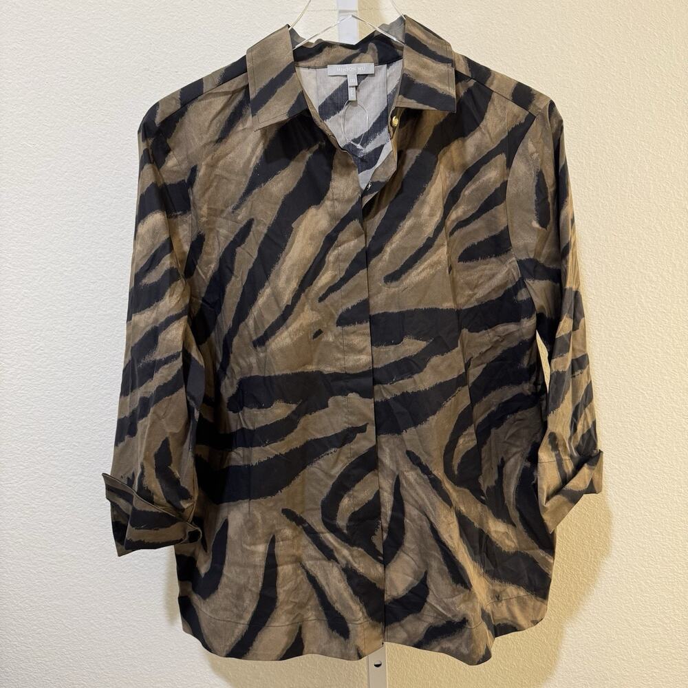 Hinson Wu Womens Cotton Xena Back Zipped Buttoned Collared Blouse Animal Print M